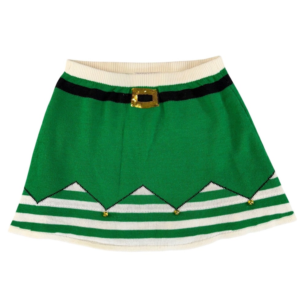 Christmas Elf Skirt Green White Striped Sequin Belt Jingle Bells Knit XL